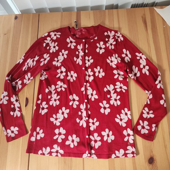 Carolina Herrera Red White Floral Cardigan Feminine Faux Pearl Buttons Silk XS - Picture 5 of 12